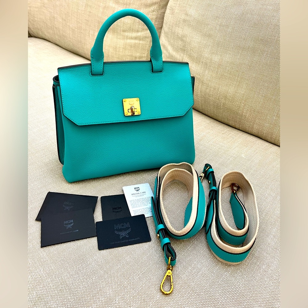 MCM Grained Calfskin Medium Milla Convertible Backpack Oasis Green
